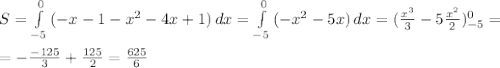 S= \int\limits^0_{-5} {(-x-1- x^{2} -4x+1 )} \, dx= \int\limits^0_{-5} {(- x^{2} -5x)} \, dx=( \frac{ x^{3} }{3}-5 \frac{ x^{2} }{2} ) ^0_{-5}= \\ \\ =- \frac{-125}{3}+ \frac{125}{2}= \frac{625}{6}