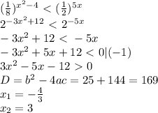 ( \frac{1}{8} )^{x^2-4}\ \textless \ ( \frac{1}{2} )^5^x\\ 2^{-3x^2+12}\ \textless \ 2^{-5x}\\ -3x^2+12\ \textless \ -5x\\ -3x^2+5x+12\ \textless \ 0|(-1)\\3x^2-5x-12\ \textgreater \ 0 \\ D=b^2-4ac=25+144=169\\ x_1=- \frac{4}{3} \\ x_2=3