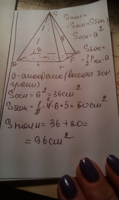 Решить . на нахождение s пов многогранника. высота грани правильной 4-угольной пирамиды равно 5 см.