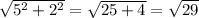 \sqrt{ 5^{2}+ 2^{2} } = \sqrt{25+4} = \sqrt{29}