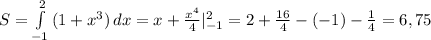 S= \int\limits^2_{-1} {(1+x^3)} \, dx =x+ \frac{x^4}{4}| _{-1} ^2=2+ \frac{16}{4} -(-1)- \frac{1}{4} =6,75