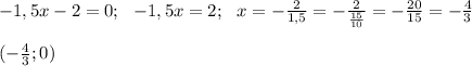 -1,5x-2=0; \ \ -1,5x=2; \ \ x=-\frac{2}{1,5}=-\frac{2}{\frac{15}{10}}=-\frac{20}{15}=-\frac{4}{3} \\ \\ (-\frac{4}{3}; 0)