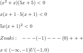 (x^2+x)(5x+5)\ \textless \ 0\\\\x(x+1\cdot 5(x+1)\ \textless \ 0\\\\5x(x+1)^2\ \textless \ 0\\\\Znaki:\; \; \; ---(-1)---(0)+++\\\\x\in (-\infty,-1)U(-1,0)