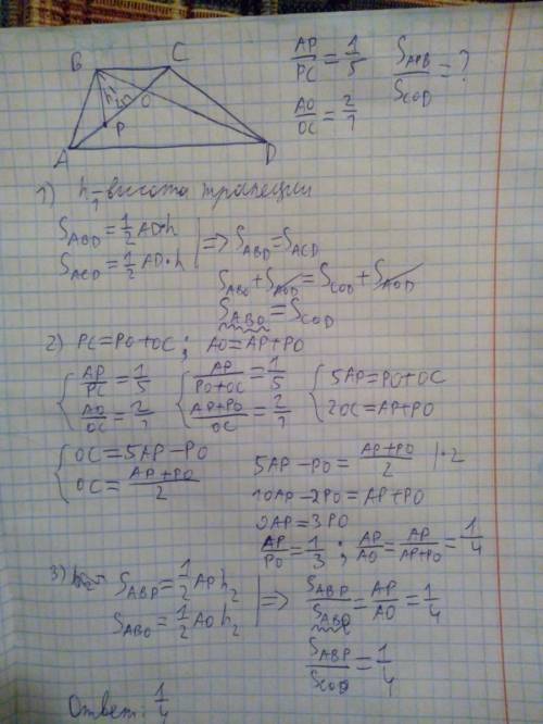 Втрапеции abcd с основаниями ad и db точка o - пересечение диагоналей, а точка p лежит на диагонали