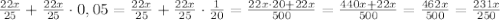 \frac{22x}{25} + \frac{22x}{25} \cdot 0,05 = \frac{22x}{25} + \frac{22x}{25} \cdot \frac{1}{20}=\frac{22x \cdot 20 + 22x}{500}=\frac{440x+22x}{500}=\frac{462x}{500}=\frac{231x}{250}