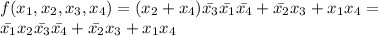 f(x_1,x_2,x_3,x_4)=(x_2+x_4)\bar{x_3}\bar{x_1}\bar{x_4}+\bar{x_2}x_3+x_1x_4= \\ \bar{x_1}x_2\bar{x_3}\bar{x_4}+\bar{x_2}x_3+x_1x_4