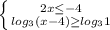 \left \{ {{2x \leq -4} \atop { log_{3}(x-4) \geq log_{3} 1}} \right.