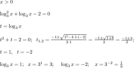 x\ \textgreater \ 0 \\ \\ \log_3 ^2 x + \log_3x -2 =0 \\ \\ t=\log_3x \\ \\ t^2 +t-2=0; \ \ t_{1,2} =\frac{-1 \pm \sqrt{1^2 -4 \cdot 1 \cdot (-2)}}{2 \cdot 1}=\frac{-1 \pm \sqrt{1+8}}{2}=\frac{-1 \pm 3}{2}; \\ \\ t=1, \ \ t=-2 \\ \\ \log_3x=1; \ \ x=3^1 =3; \ \ \ \ \log_3x=-2; \ \ \ x=3^{-2} =\frac{1}{9}