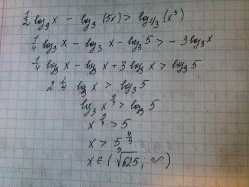 1/2 log9x-log3(5x)> log1/3(x 3) решить )