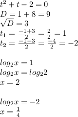 t ^{2} +t-2=0 \\ D=1+8=9 \\ \sqrt{D} =3 \\ t _{1} = \frac{-1+3}{2} = \frac{2}{2} =1 \\ t _{2} = \frac{-1-3}{2} = \frac{-4}{2} =-2 \\ \\ log _{2} x=1 \\ log _{2} x=log _{2} 2 \\ x=2 \\ \\ log _{2} x=-2 \\ x= \frac{1}{4}