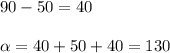 90-50=40\\\\ \alpha =40+50+40=130