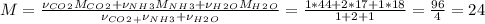 M = \frac{\nu_{CO}_2 M_{CO}_2 + \nu_{NH}_3 M_{NH}_3+\nu_{H}_2_O M_{H}_2_O}{\nu_{CO}_2_+\nu_{NH}_3+\nu_{H}_2_O} = \frac{1*44+2*17+1*18}{1+2+1} = \frac{96}{4} = 24