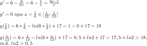 y'=6- \frac{6}{6x} =6- \frac{1}{x} = \frac{6x-1}{x} \\ \\ y'=0\ npu\ x= \frac{1}{6} \in [ \frac{1}{12}; \frac{5}{12} ] \\ \\ y(\frac{1}{6} )=6*\frac{1}{6} -ln(6*\frac{1}{6} )+17=1-0+17=18 \\ \\ &#10;y(\frac{1}{12} )=6*\frac{1}{12} -ln(6*\frac{1}{12} )+17=0,5+ln2+17=17,5+ln2\ \textgreater \ 18,\\ m.k.\ ln2\ \textgreater \ 0,5 \\ \\