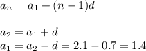 a_n=a_1+(n-1)d\\ \\ a_2=a_1+d\\ a_1=a_2-d=2.1-0.7=1.4