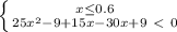 \left \{ {x \leq 0.6} \atop {25x^2-9+15x-30x+9\ \textless \ 0}} \right.