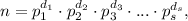 n=p_1^{d_1}\cdot p_2^{d_2}\cdot p_3^{d_3}\cdot ...\cdot p_{s}^{d_{s}},