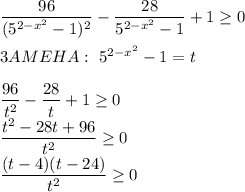 \dfrac{96}{(5^{2-x^2}-1)^2}-\dfrac{28}{5^{2-x^2}-1}+1 \geq 0 \\ \\3AMEHA:\ 5^{2-x^2}-1=t\\ \\ &#10;\dfrac{96}{t^2}-\dfrac{28}{t}+1 \geq 0\\ \dfrac{t^2-28t+96}{t^2} \geq 0\\ \dfrac{(t-4)(t-24)}{t^2} \geq 0