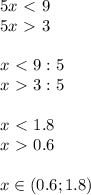 5x\ \textless \ 9 \\ 5x\ \textgreater \ 3 \\ \\ x\ \textless \ 9:5 \\ x\ \textgreater \ 3:5 \\ \\ x\ \textless \ 1.8\\ x\ \textgreater \ 0.6 \\ \\ x\in (0.6;1.8)