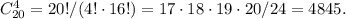 C_{20}^{4}=20!/(4!\cdot 16!)=17\cdot 18\cdot 19\cdot 20/24=4845.