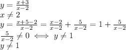 y= \frac{x+3}{x-2} \\ x \neq 2 &#10;\\y= \frac{x+5-2}{x-2}= \frac{x-2}{x-2}+ \frac{5}{x-2}=1+ \frac{5}{x-2} \\ &#10; \frac{5}{x-2} \neq 0 \iff y\neq 1 \\ y \neq 1