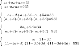 \left \{ {{a_2+a_4+a_6=33} \atop {a_2\cdot a_4\cdot a_6=935}} \right. \\ \\ \left \{ {{a_1+d+a_1+3d+a_1+5d=33} \atop {(a_1+d)\cdot( a_1+3d)\cdot( a_1+5d)=935}} \right. \\ \\ \left \{ {{3a_1+9d=33} \atop {(a_1+d)\cdot( a_1+3d)\cdot( a_1+5d)=935}} \right. \\ \\ \left \{ {{a_1=11-3d} \atop {(11-3d+d)\cdot( 11-3d+3d)\cdot( 11-3d+5d)=935}} \right.