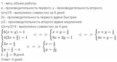 Двое рабочих, работая одновременно, выполнили всю работу за 6 дней. если бы первый работал вдвое быс