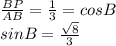 \frac{BP}{AB} = \frac{1}{3} = cosB \\&#10; sinB = \frac{\sqrt{ 8 } }{ 3 }