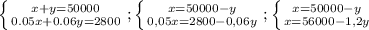 \left \{ {{x+y=50000} \atop {0.05x+0.06y=2800}} \right. ; \left \{ {{x=50000-y} \atop {0,05x=2800-0,06y}} \right.; \left \{ {{x=50000-y} \atop {x=56000-1,2y}} \right. \\