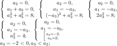 \left \{ \begin{array} {c} a_2=0, \\ a_1+a_3=0, \\ a_1^2+a_3^2=8; \end{array} \right \left \{ \begin{array} {c} a_2=0, \\ a_1=-a_3, \\ (-a_3)^2+a_3^2=8; \end{array} \right \left \{ \begin{array} {c} a_2=0, \\ a_1=-a_3, \\ 2a_3^2=8; \end{array} \right \\ \left \{ \begin{array} {c} a_2=0, \\ a_1=-a_3, \\ a_3^2=4; \end{array} \right \left \{ \begin{array} {c} a_2=0, \\ a_1=-a_3, \\ \left [ {{a_3=-2,} \atop {a_3=2;}} \right. \end{array} \right \\ a_3=-2\ \textless \ 0, a_3\ \textless \ a_2;