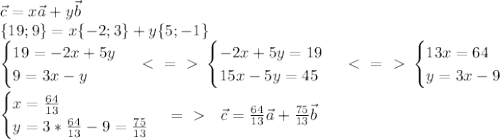 \vec{c}=x\vec{a}+y\vec{b} \\ \{19;9\}=x\{-2;3\}+y\{5;-1\}\\&#10;\begin{cases} 19=-2x+5y \\ 9=3x-y \end{cases} \ \textless \ =\ \textgreater \ \begin{cases} -2x+5y=19 \\ 15x-5y=45 \end{cases} \ \textless \ =\ \textgreater \ \begin{cases} 13x=64 \\ y=3x-9 \end{cases} \\ \\ &#10; \begin{cases} x= \frac{64}{13} \\ y=3*\frac{64}{13} -9=\frac{75}{13} \end{cases} =\ \textgreater \ \ \ &#10;\vec{c}=\frac{64}{13}\vec{a}+\frac{75}{13}\vec{b}