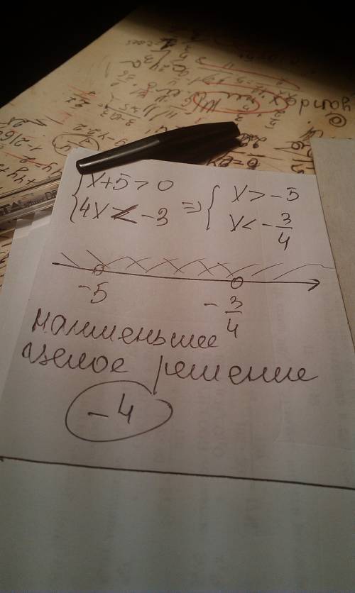 Найдите наименьшее целое решение системы неравенств x+5> 0 4x< -3