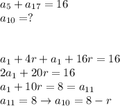 a_5+a_{17}=16 \\ &#10;a_{10}=? \\ \\ \\ &#10;a_1+4r+a_1+16r=16 \\ &#10;2a_1+20r=16 \\ &#10;a_1+10r=8=a_{11} \\ &#10;a_{11}=8\rightarrow a_{10}=8-r