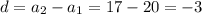 d= a_{2} - a_{1} =17-20=-3