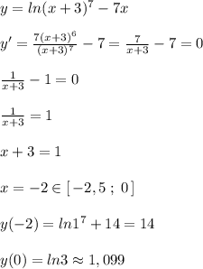 y=ln (x+3)^7-7x\\\\y'=\frac{7(x+3)^6}{(x+3)^7}-7=\frac{7}{x+3}-7=0\\\\\frac{1}{x+3}-1=0\\\\\frac{1}{x+3}=1\\\\x+3=1\\\\x=-2\in [\, -2,5\; ;\; 0\, ]\\\\y(-2)=ln1^7+14=14\\\\y(0)=ln3\approx 1,099