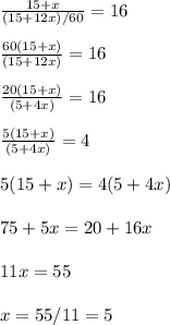 \frac{15+x}{(15+12x)/60}=16 \newline \newline&#10;\frac{60(15+x)}{(15+12x)}=16 \newline \newline&#10;\frac{20(15+x)}{(5+4x)}=16 \newline \newline&#10;\frac{5(15+x)}{(5+4x)}=4 \newline \newline&#10;5(15+x)=4(5+4x) \newline \newline&#10;75+5x=20+16x \newline \newline&#10;11x=55 \newline \newline&#10;x=55/11=5