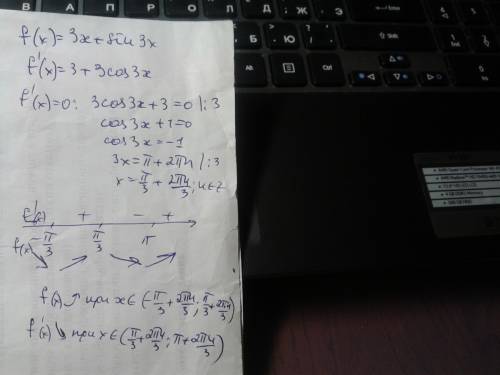 Знайдіть проміжки зростання і спадання функції f(x)=3x+sin3x