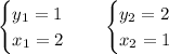 \begin{cases} y_1=1 \\ x_1=2 \end{cases}\ \ \ \begin{cases} y_2=2 \\ x_2=1 \end{cases}