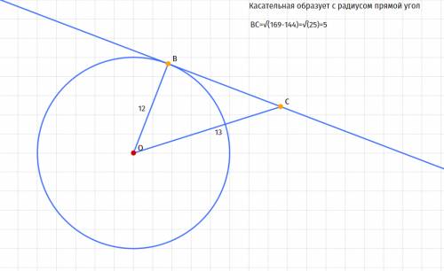 Кокружности с центром о и радиусом 12 см проведена касательная вс (в - точка касания). найдите длину