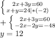 \left \{ {{2x+3y=60} \atop {x+y=24|*(-2)}} \right. \\ &#10;+\left \{ {{2x+3y=60} \atop {-2x-2y=-48}} \right. \\ &#10;y=12&#10;