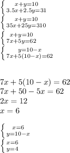 \left \{ {{x+y=10} \atop {3.5x+2.5y=31}} \right. \\ \left \{ {{x+y=10} \atop {35x+25y=310}} \right. \\ \left \{ {{x+y=10} \atop {7x+5y=62}} \right. \\ \left \{ {{y=10-x} \atop {7x+5(10-x)=62}} \right. \\ \\ \\7x+5(10-x)=62 \\ 7x+50-5x=62 \\ 2x=12 \\ x=6 \\ \\ \left \{ {{x=6} \atop {y=10-x}} \right. \\ \left \{ {{x=6} \atop {y=4}} \right.