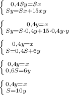 \left \{ {{0,4Sy=Sx} \atop {Sy=Sx+15xy}} \right. \\ \\ \left \{ {{0,4y=x} \atop {Sy=S\cdot 0,4y+15\cdot 0,4y\cdot y}} \right. \\ \\ \left \{ {{0,4y=x} \atop {S=0,4S+6y}} \right. \\ \\ \left \{ {{0,4y=x} \atop {0,6S=6y}} \right. \\ \\ \left \{ {{0,4y=x} \atop {S=10y}} \right. \\ \\