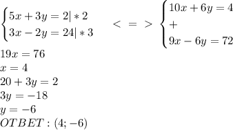 \begin{cases}5x+3y=2|*2\\3x-2y=24|*3\end{cases}\ \textless \ =\ \textgreater \ \begin{cases}10x+6y=4\\+\\9x-6y=72\end{cases}\\19x=76\\x=4\\20+3y=2\\3y=-18\\y=-6\\OTBET:(4;-6)