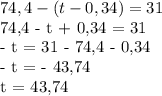 74,4 - (t-0,34) = 31&#10;&#10;74,4 - t + 0,34 = 31&#10;&#10;- t = 31 - 74,4 - 0,34&#10;&#10;- t = - 43,74&#10;&#10;t = 43,74