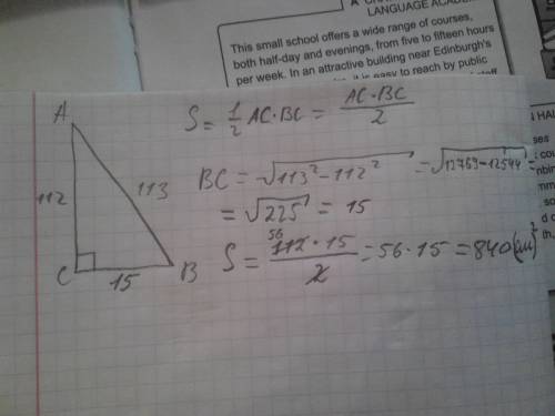 Длина одного из катетов прямоугольного треугольника равна 112 см а гипотенуза 113 см . вычислите пло