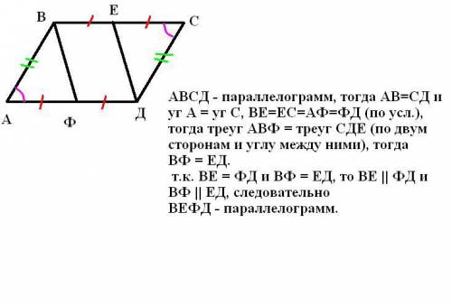 Точки е и f-середины сторон вс и аd параллелограмма авсd.докажите,что четырехугольник веdf параллело