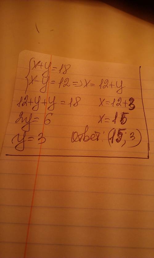 Решить методом подстановки x+y=18 x-y=12