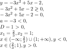 y=-3x^2+5x-2, \\ -3x^2+5x-2\gtrless0, \\ -3x^2+5x-2=0, \\ a=-3\ \textless \ 0, \\ D=1\ \textgreater \ 0, \\ x_1=\frac{2}{3}, x_2=1; \\ x\in(-\infty;\frac{2}{3})\cup(1;+\infty), y\ \textless \ 0, \\ x\in(\frac{2}{3};1), y\ \textgreater \ 0.