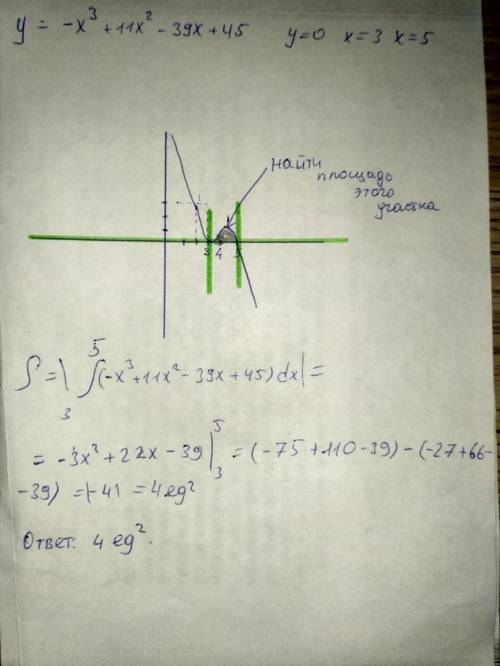 Найдите площадь фигуры, ограниченной графиком функции -x^3+11x^2-39x+45, y=0, x=3, x=5