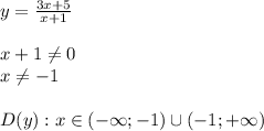 y= \frac{3x+5}{x+1}\\\\x+1 \neq 0\\x \neq -1\\\\D(y): x\in(-\infty;-1)\cup (-1;+\infty)