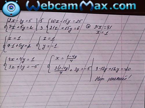 Как решить систему уравнения : 1)2х-3y=5; 7х+5y=2.2)4х+4y=1; 3х+3y=-5